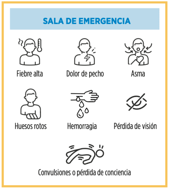 Sala de emergencia: Fiebre alta, dolor de pecho, asma, huesos rotos, hemorragia, pérdida de visión, convulsiones o pérdida de conciencia.